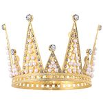 STOBOK Gold Crown Cake Topper: Happy Birthday Cake Topper Party Decor, Pearl Rhinestone Queen Crown Cake Tiara Headpiece Decoration for Lady Boys and Girls Weddings Baby Shower