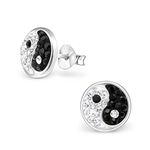 8mm Sterling Silver Black And White CZ Crystal Yin Yang Round Stud Earrings