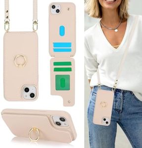 Lipvina for iPhone 14 Plus Case with Card Holder for Women,iPhone 14 Plus Phone Case with Strap,Crossbody Lanyard,Ring Stand,Snap Clasp,Cute Wallet Cases 6.7 inch (Beige)