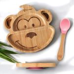 Teeny Weany® Baby Plate & Toddler Plates | Baby Suction Plate for Organised Mealtimes | Weaning Spoons | Bamboo Suction Plate with Divided Sections | Eco-Friendly & Safe | Monkey Pink