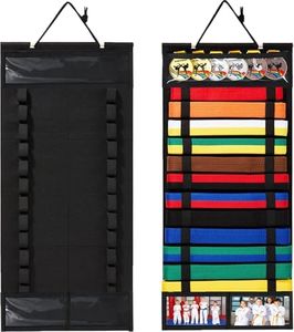 OXWIND Karate Belt Display Rack - 12 Felt Martial Arts Belt Display Holder with 2 Picture Frames & Clear Medal Box, No Assembly Required, for Taekwondo, BJJ, Jiu Jitsu, Karate Belts (Black)