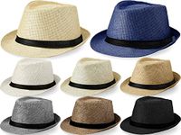 8 Pack Panama Trilby Fedora Straw Sun Hat with Leather Belt Straw Fedora Hats Short Brim Summer Beach Hat for Men Women (Elegant Color)