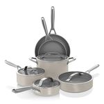 Ninja NeverStick Ceramic Pro,Non-Stick Pots & Pans Set with Glass Lids, PTFE Free, Ceramic Coated, Stainless Steel, Stove to Oven Safe to 660°F, All Stovetops & Induction Compatible,Stone,CW39010ST