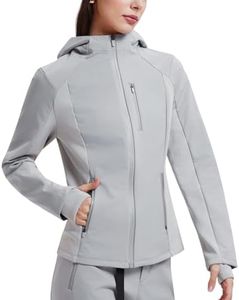 Mudere Women's Softshell Puffer Jacket with Hood, Lightweight Fleece Lined Warm Windbreaker, Waterproof Coat for Outdoor Hiking