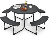 Tangkula 8 Person Picnic Table, Outdoor Round Picnic Table with 4 Built-in Benches, Umbrella Hole, Metal Frame & HDPE Tabletop, Outside Table and Bench Set for Garden, Backyard, Porch, Patio (Black)