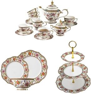 ACMLIFE Fine Bone China Tea Set for 6, China Dinnerware Sets for 4, 3 Tier Cupcake Stands for Dessert Table