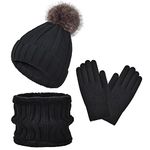 Kids Winter Hat Gloves Scarf Set Girls Boys Beanie Children Knit Neck Warmer Warm Fleece Pom Cap Black 6-10 Years Old Cold Weather Sets Gifts for Childrens Niñas Niños Gorros Bufandas