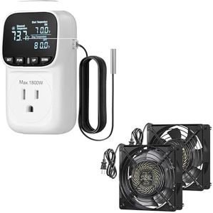 DEWENWILS Digital Temperature Controller, Heavy Duty 15A/1800W Thermostat Outlet Plug, VA Display Heating Cooling Control Timer, 2 Pack 120V AC Fan, Waterproof Exhaust Fan 120mm, 18W 2850RPM 90CFM, DI