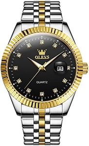 OLEVS Black Dial Watches for Men Gold and Silver Two Tone Stainless Steel Watch Big Face Fancy Luxury Men's Diamond Watch Auto Date Classic Fluted Bezel Analog Quartz Watches Inexpensive Waterproof