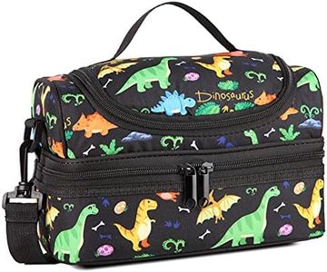 Lunch Box Bag, Kasqo Insulated Lunch Bag Two Compartments Boys Cooler Bag Lunch Tote Bag with Detachable Shoulders Strap for School Picnic, Black Dinosaur