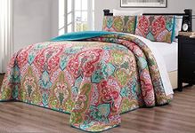 3-Piece Oversize (100" X 95") Fine Printed Prewashed Boho Decor Quilt Set Reversible Bedspread Coverlet Full/Queen Size Bed Cover (Turquoise Blue, Sage Green, Orange, Terra Cotta Red)