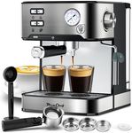 Plum chef 20 Bar Espresso Machine with Milk Frother, Dual Shot Coffee Maker, ESE Pod, Coffee Machine with Pressure Display, 54 OZ Removable Water Tank for Home Barista (Silver)