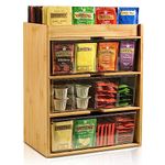 TIMIEEYA Tea Bag Organizer - Bamboo Tea Storage Organizer With Drawer 3 Layer, Tea Organizer for Tea Bags Natural Wood & Acrylic for Countertop Office Kitchen Cabinet Pantry