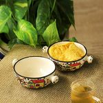 ExclusiveLane 'The Hut Handled Bowls' Ceramic Bowls for Serving Bowls Set Snacks Bowl Set (2 Pieces, 260 ML) | Handpainted Microwave Safe Bowls for Kitchen Serving Bowls for Snacks Ceramic Bowls Set