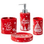 Christmas Bathroom Accessory Set, 4-Piece Ceramic Bathroom Accessories Sets Include Lotion Dispenser, Toothbrush Holder Tumbler, and Soap Dish (Red)