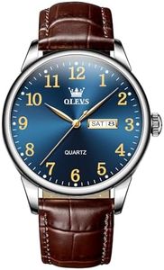 QBAIZI Blue Men's Leather Watches,Easy Read Big Face Mens Watches Brown Strap,Classic Round Men Dress Watch with Date,Casual Silver Analog Quartz Watch for Men Waterproof Arabic Numeral