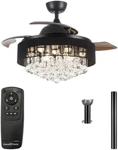 Parrot Uncle Ceiling Fans with Lights and Remote Black Ceiling Fan for Bedroom Crystal Chandelier Ceiling Fans with Retractable Blades, 3000K Cool White Lights, 42 Inch