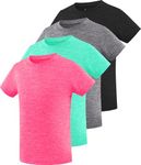 Ullnoy 4 Pack Girls Athletic Shirts Short Sleeve Dry Fit Sports T-Shirts for Kids Teens Lightweight Basic Tee Activewear Pack Black/Gray/Green/Rose M