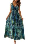 CheChury Women Maxi Dress Summer Sleeveless V-Neck Floral Casual Long Dress Beach Boho Style Deep V Back Sundress Flowy Dresses,Green,XL