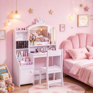 34" Kids Vanity Table and Chair Set with Jewelry Storage & Lighted Mirror