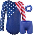 BAOHULU Gymnastics Leotards for Girls Patriotic Glitter Long Sleeve Dancewear with Matching Shorts Set, Redwhiteblue Stars Sleeved Set, 7-8 Years