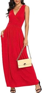 LILBETTER Women Sleeveless Deep V Neck Loose Plain Long Maxi Casual Dress(01 Red,Large)