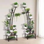 Teabelle 6-Tier Movable Tall Plant Stand Indoor, 2 Pack Metal Curved Display Shelf for Flower Pot and Multiple Plants, Bonsai Holders Ladder with Wheels and Hanging Hooks for Balcony Livingroom Garden