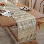 Luxe Home Elegant Beige and White Woven Table Runner with Tassels - Mix Cotton Jute 13 x 74 Inch, Stripe - Perfect for Dining Table, Center Table, Décor