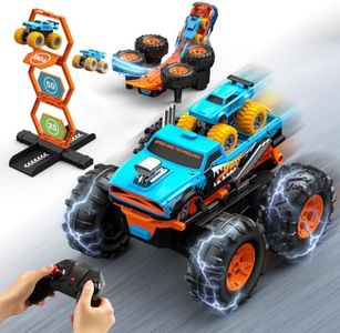 2-in-1 Remote Control Car with Transform Launcher Track – 1:16 RC Monster Truck Toys 2.4GHz, Self-Standing 360° Flips Towing Mini Cars & Electric Scoring Gate Truck Gift for Kids Boys Girls Age 4-12