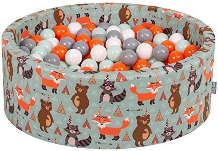 KiddyMoon Soft Ball Pit Round 90X30cm/200 Balls ∅ 7Cm / 2.75In For Kids, Foam Ball Pool Baby Playballs Children, Fox-Green:Orange/Mint/Grey/White