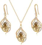 EVEVIC Austrian Crystals Teardrop Hollow Twisted Pendant Necklace Earrings for Women 14K Gold Plated Halo Drop Dangle Earrings Hypoallergenic Jewelry Set (Light Topaz)