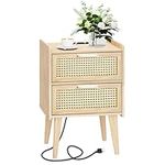 Rattan Nightstand with Charging Station & 2 Rattan-Like Decor Drawers,Small Bedside Table with Solid Wood Feet for Bedroom, Living Room, Natural CATTBZ02YYE