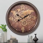 CLXEAST 24 Inch Wall Clock with Rotating Gears,Large Industrial World Map Black Gold Metal Wall Clock for Modern Living Room Decor, Silent Non Ticking Unique Wall Clock for Office,Kitchen