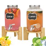 Hiziwimi 2 Pack Beverage Dispenser with Banboo Stand - 1 Gallon Glass Drink Dispenser for Parties with Spigot Solid Stainless Steel, Used As Iced or Hot Lemonade Juice Punch Dispenser