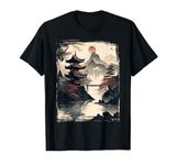 Vintage Japanese Flower Tee Mountain View Landscape Graphic T-Shirt