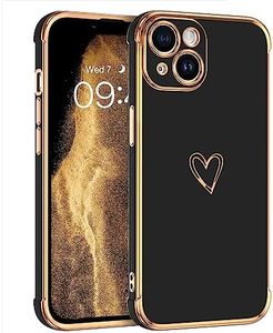 GUAGUA Case for iPhone 14 Luxury Electroplate Edge Bumper iPhone 14 Cases Cute Heart Pattern for Women Girls with Camera Protection & 4 Corners Shockproof Protection Phone Cover Black