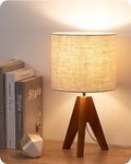 EDISHINE Table Lamp with Light Brown Wooden Tripod, Linen Beige Lampshade, 14.2 Inch Nightstand Lamp, E26 Socket, Bedside Table Lamp for Nursery, Bedroom, Office, Kid Room, Living Room