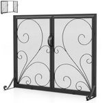 GiantexUK Fire Guard with Double Doors, Heavy Duty Metal Mesh Fireplace Screen with Stands, Decorative Freestanding Spark Guard Safety Barrier for Child Baby Pet Open Fire, Black