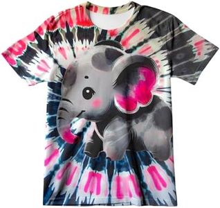 Harycnct Little Kids Cute Grey Pink Elephant Tie Dye Shirt 6-16 Years Boys' Girls' Hippies Senior Animal Tie-Dye Tee Tshirt Size 10
