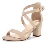 IDIFU Women's IN3 Grace Strappy Block Heels Sandals Comfy Open Toe Chunky Dress Wedding Shoes with Adjustable Cross Strap, Nude Suede, 8.5