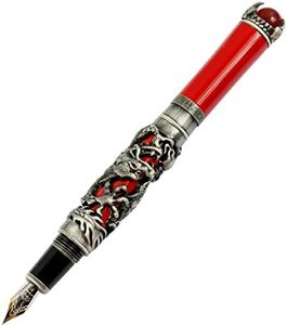 Gullor JinHao estilo de dragón de plata antigua pluma estilográfica 3D tallada con perla roja, plumín mediano, rojo