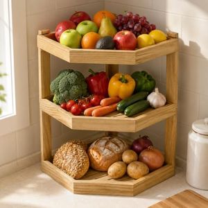 3-Tier Fruit Basket for Kitchen Counter, Corner Wood Stand, Removable Tray