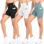 DHSO 3 Pack Biker Shorts for Women with Pockets-5" High Waist Soft Summer Womens Shorts Spandex Workout Shorts for Running Athletics(3 Pack Side Pockets Black,White,Green, S/M)