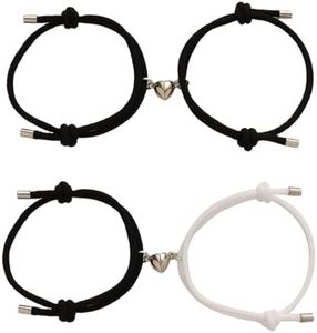 EUPSIIU 4 Piezas Conjunto de Pulsera para Pareja, Pulsera de Relación, Pulsera con Colgante de Corazón de Amor Ajustable para Hombres y Mujeres, Novio, Novia, y Tu Pareja (Blanco, Negro)