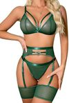 popiv Women Sexy Lingerie Strappy Lace Garter Lingerie Sets High Waisted Sheer Mesh Lingerie, Green, X-Large