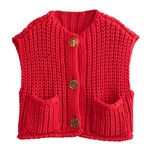 Wyeysyt Womens Sleeveless Crop Knit Cardigan Casual Button Down Cropped Knitted Sweater Vest with Pockets(Red-L), Large, Red