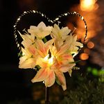 Starryfill Garden Solar Lights Outdoor Heart-Shaped with White Lily Flowers, Metal Stake Lights Outdoor with 25led Warm White Decorative for Remembrance Gifts Pathway Patio Backyard Lawn