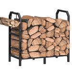 Mutool 25.6 Inch Metal Firewood Rack, Firewood Log Holder Indoor/Outdoor, Fireplace Wood Storage Shelf with Hooks, Black