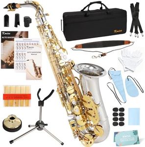 Kmise E Flat Alto Saxophone, Lightweight Saxophones for Students Beginner, Saxofon Full Kit with Portable Case, Sax Stand, Strap, Reeds, Beginner's Guides, Mute, Cleaning Kit (Nickel Plated & Gold)