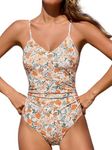 CUPSHE Women's One Piece Swimsuits Bathing Suits Cutout V Neck Tummy Control Adjustable Straps O Ring, Beige/Floral, Medium